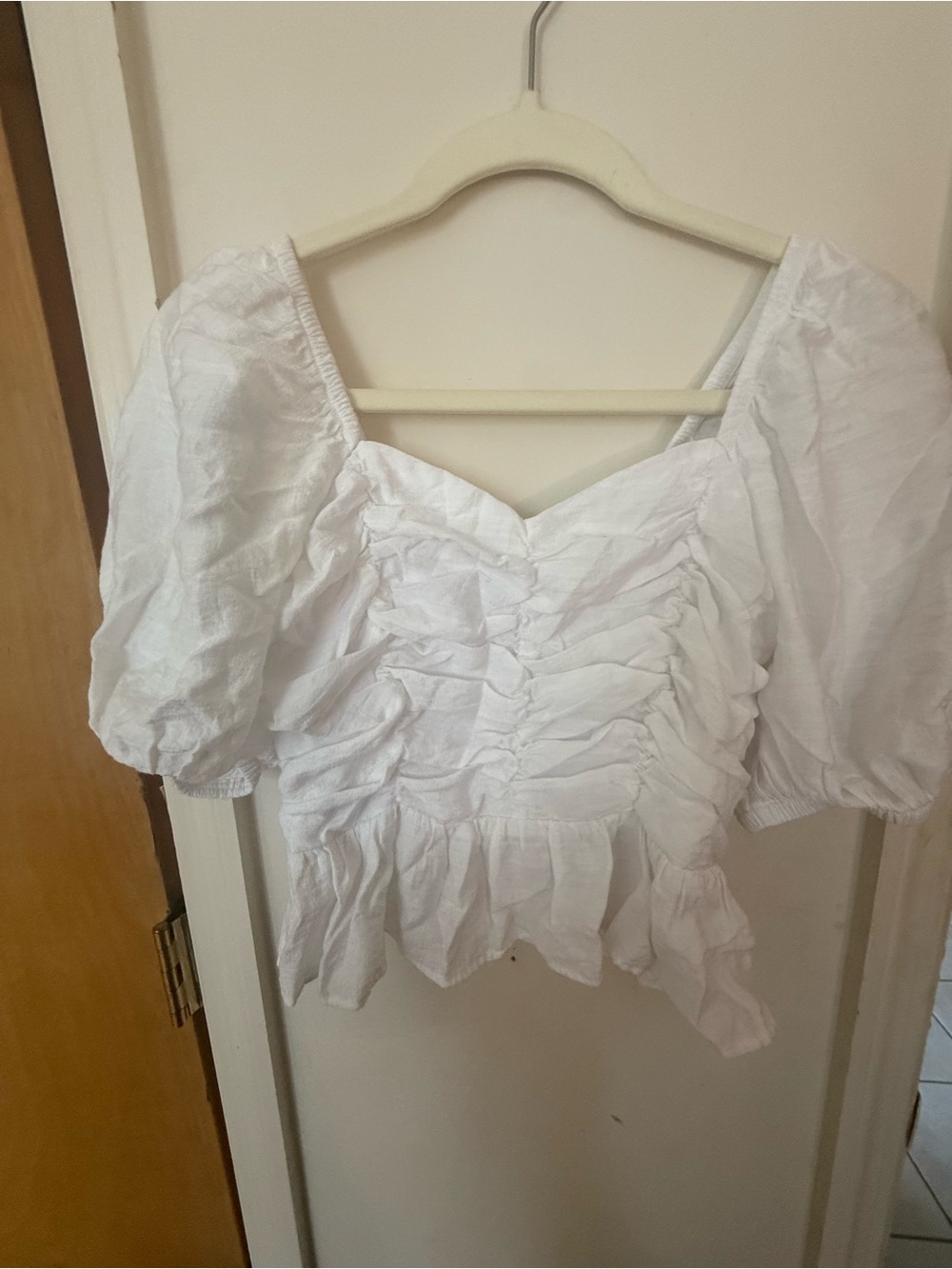 Express White Ruched Puff Sleeve Peasant Blouse